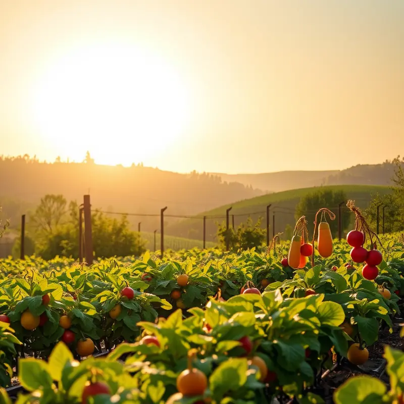 A vibrant sunlit field filled with organic fruits and vegetables.