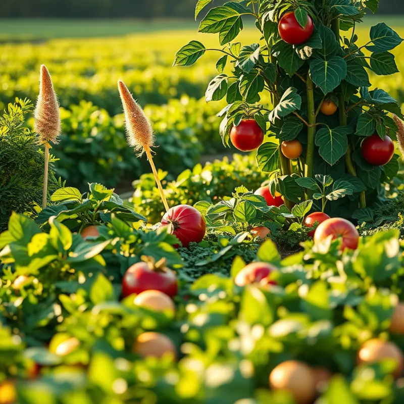 A vibrant sunlit field filled with organic vegetables and fruits representing nourishment.
