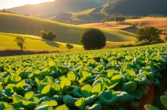 Vibrant sunlit landscape showcasing an orchard with fruits and vegetables surrounded by lush greenery.