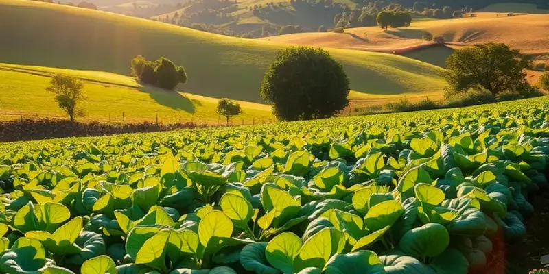 Vibrant sunlit landscape showcasing an orchard with fruits and vegetables surrounded by lush greenery.