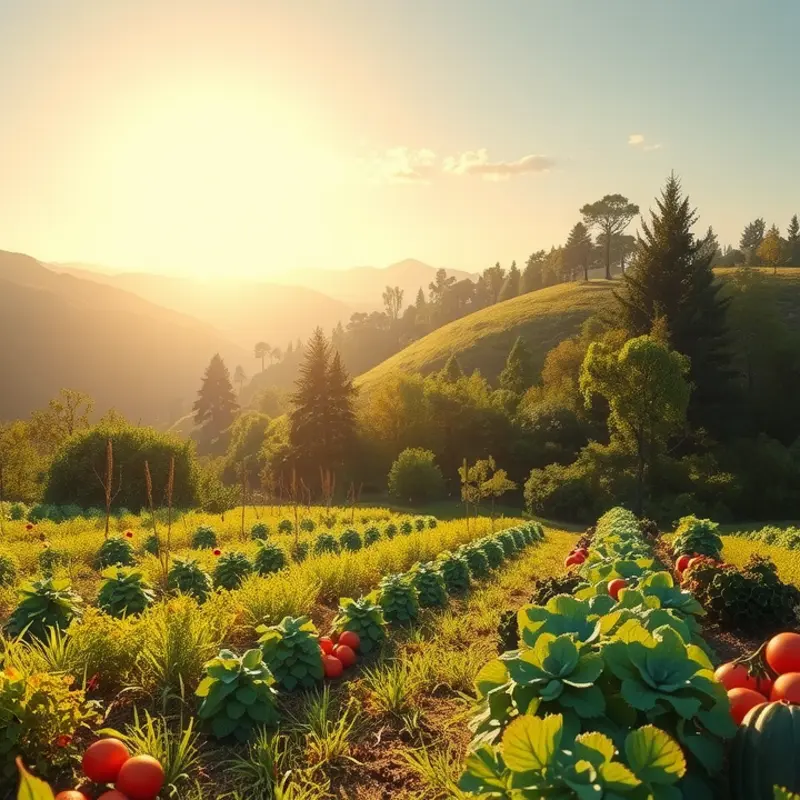A serene field showcasing vibrant vegetables and fruits under soft sunlight.