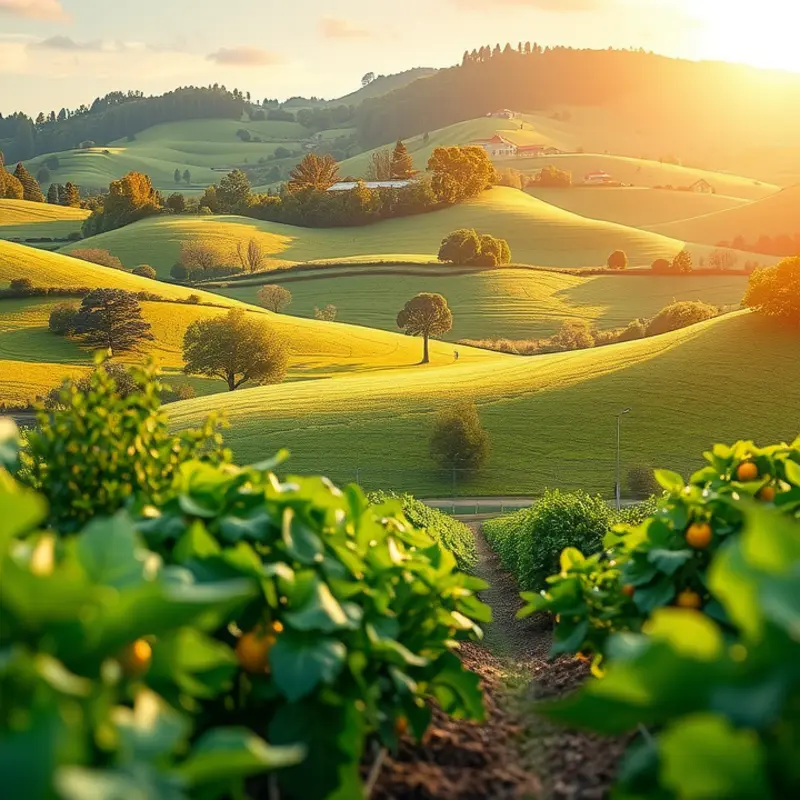 A sunlit field abundant with fresh vegetables and fruits, representing healthy nutrition.