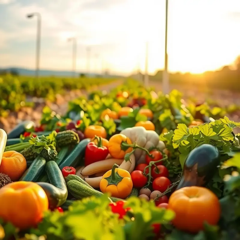 A beautiful sunlit field showcasing the abundance of healthy vegetables and fruits.