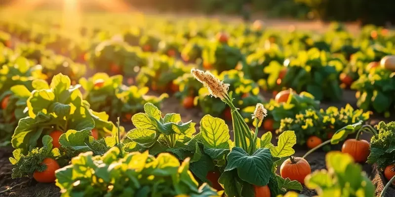 A scenic view of a sunlit field filled with colorful vegetables and fruits, illustrating the theme of healthy nutrition.