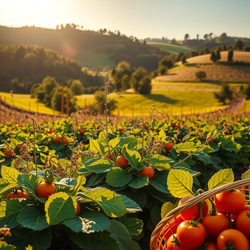 A sunlit field showcasing vibrant celery and other organic vegetables in a lush landscape.