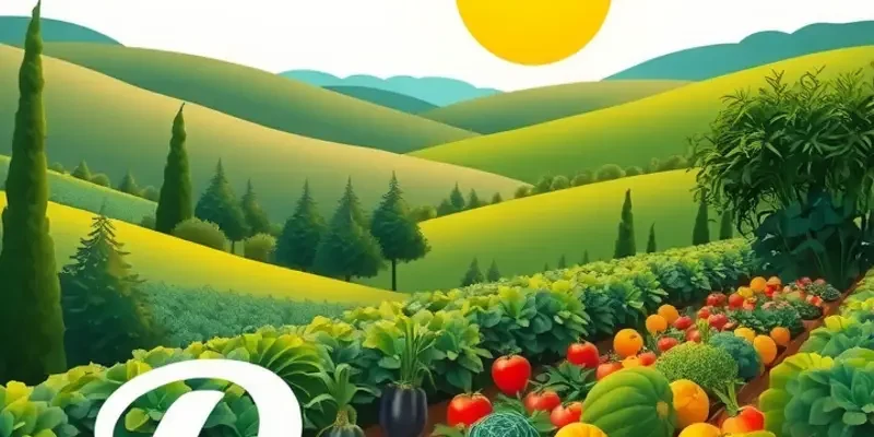 A scenic sunlit field with an abundance of organic vegetables and fruits, symbolizing healthy nutrition.