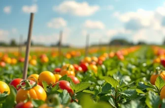 An idyllic sunlit field with vibrant vegetables and fruits growing naturally.
