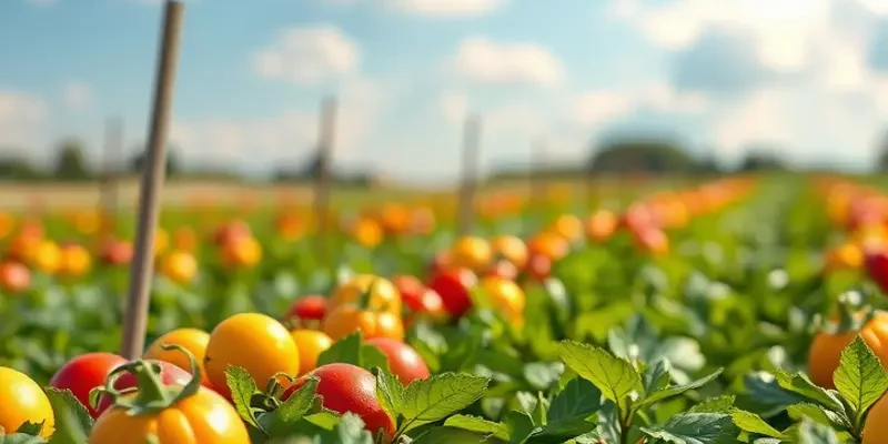 An idyllic sunlit field with vibrant vegetables and fruits growing naturally.