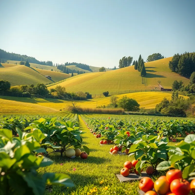 A lush field filled with vibrant, organic fruits and vegetables.