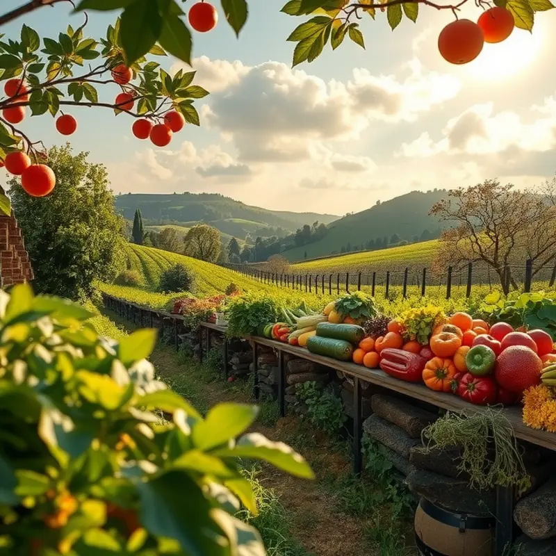 A sunlit field showcasing abundant organic vegetables and fruits.