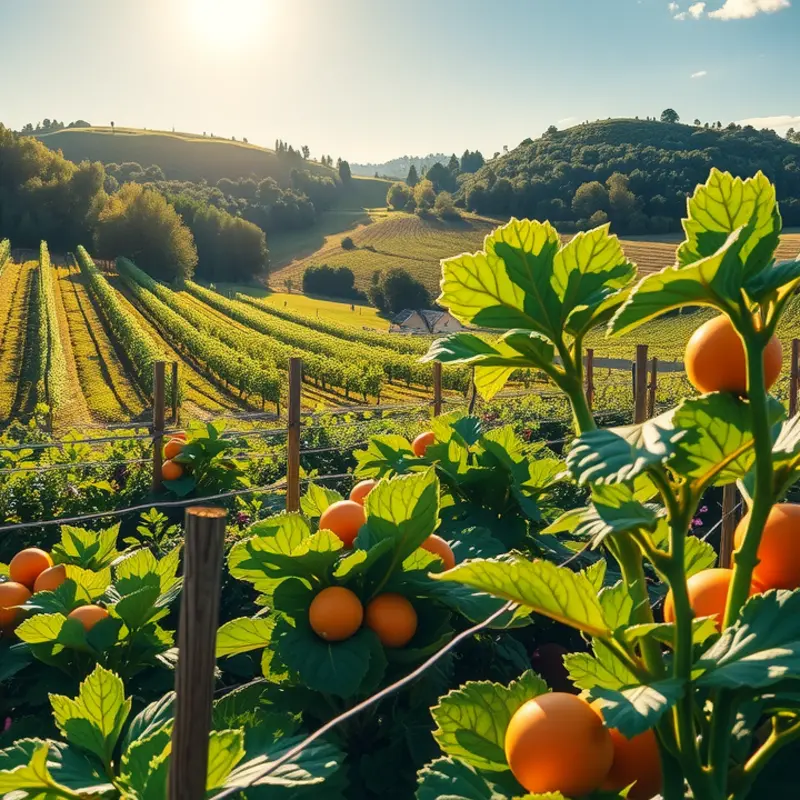 A sunlit field showcasing organic vegetables and fruits, embodying the spirit of healthy cooking.