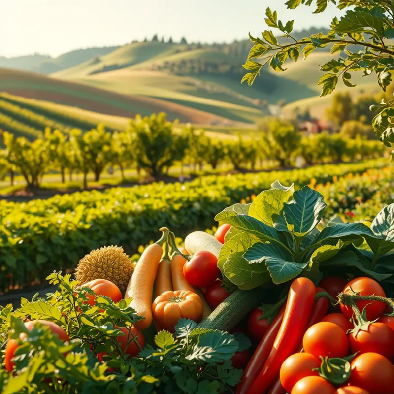 A vibrant sunlit field showcasing an abundance of organic fruits and vegetables.