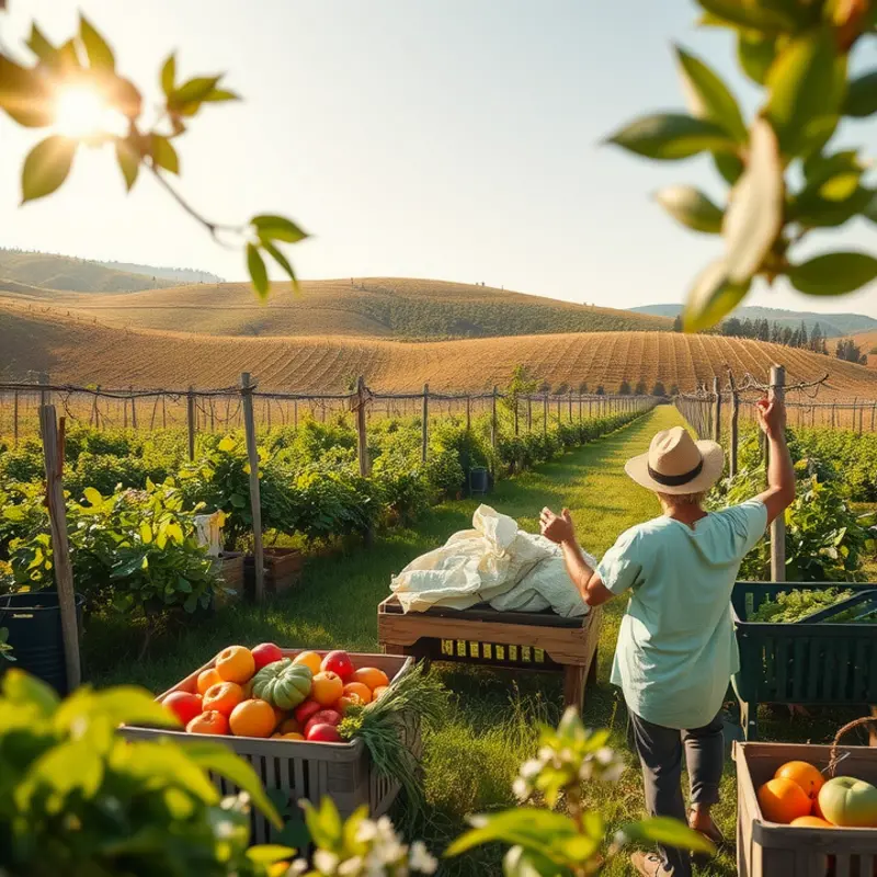 A serene sunlit field rich with organic fruits and vegetables.