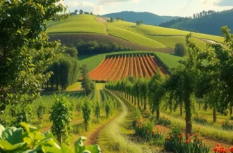 A peaceful field showcasing organic fruits and vegetables in a natural environment.