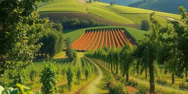 A peaceful field showcasing organic fruits and vegetables in a natural environment.