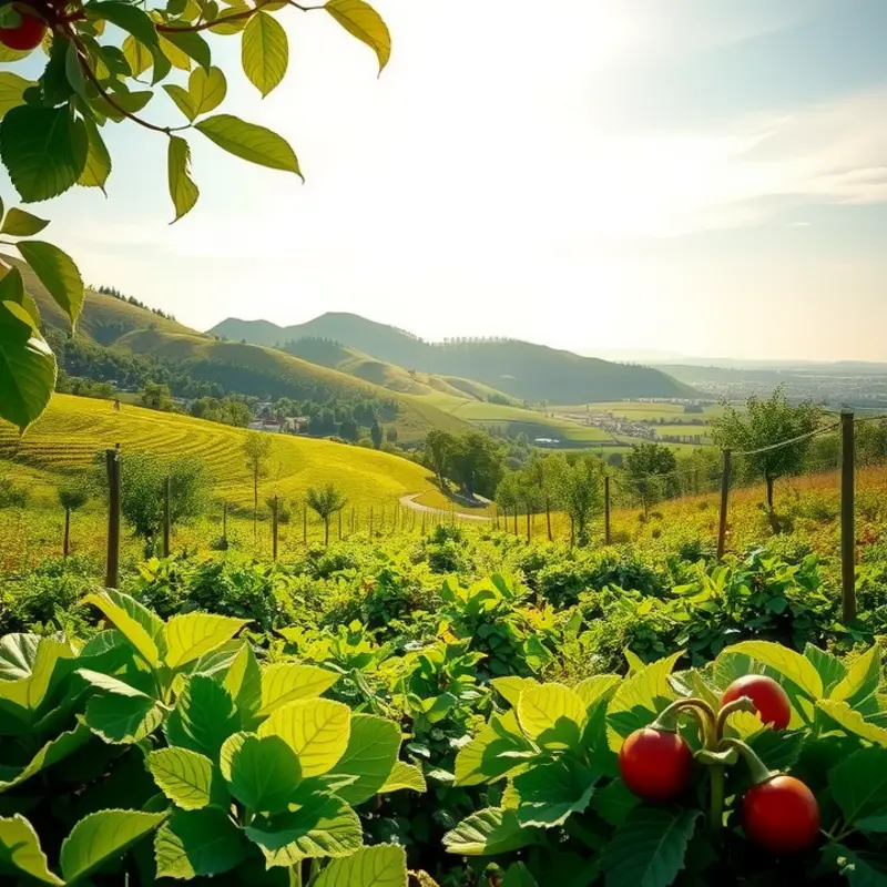 A sunlit field abundant with vibrant vegetables and fruits.