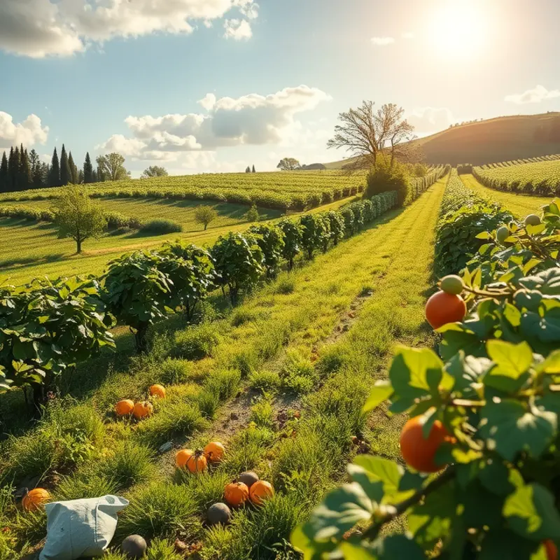 A serene sunlit field showcasing vibrant fruits and vegetables.