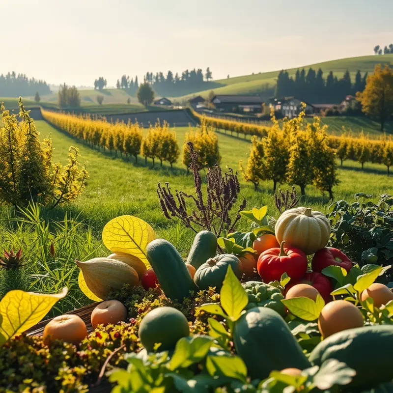 A sunlit landscape abundant with fresh, organic produce.