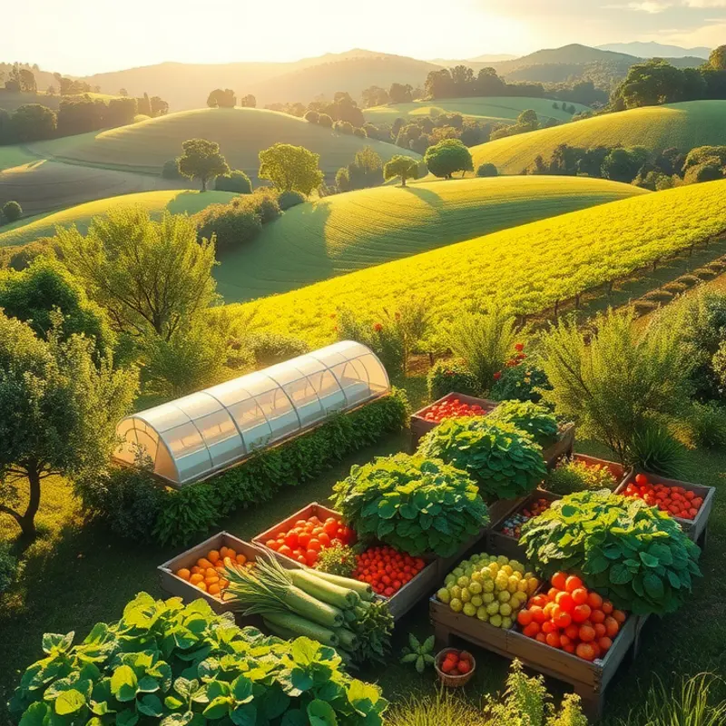 A sunlit field filled with vibrant fruits and vegetables.