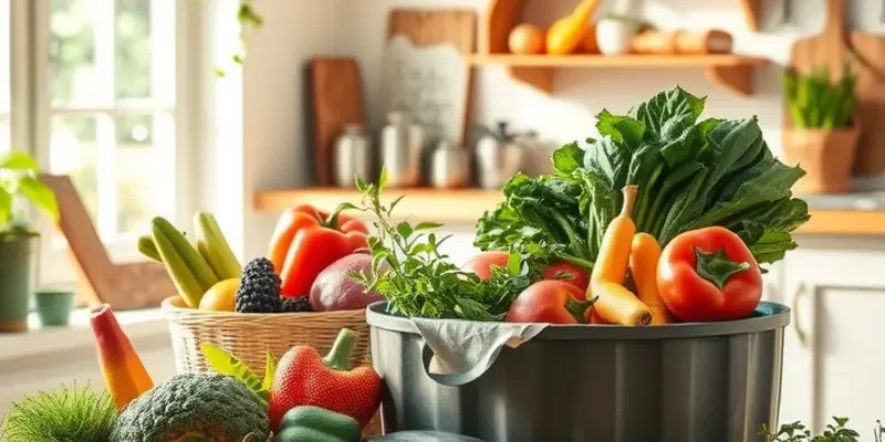 A beautiful sunlit landscape with vibrant vegetables and fruits growing in a natural setting.