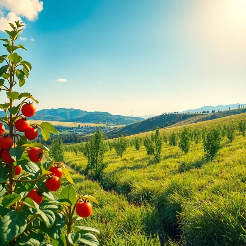 A vibrant sunlit field showcasing the abundance of fresh fruits and vegetables.