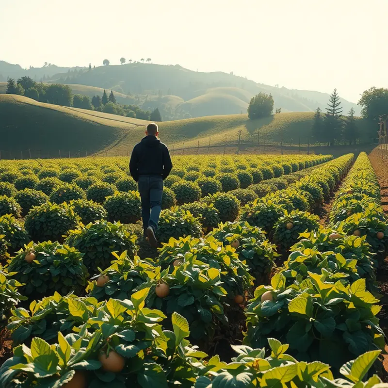 Lush sunlit field showcasing vibrant vegetables and fruits.