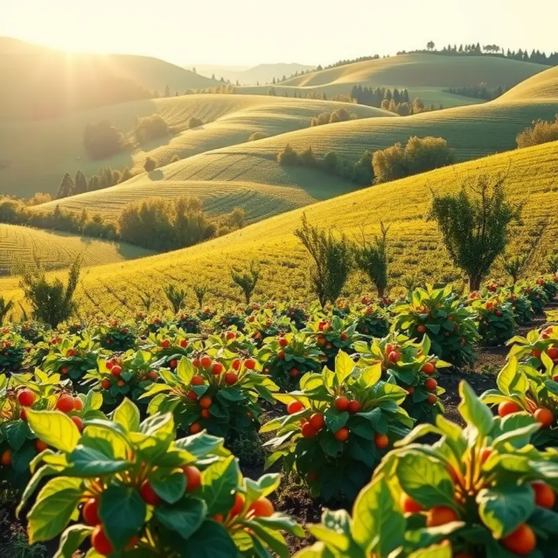 A vibrant sunlit field brimming with fresh, organic fruits and vegetables.