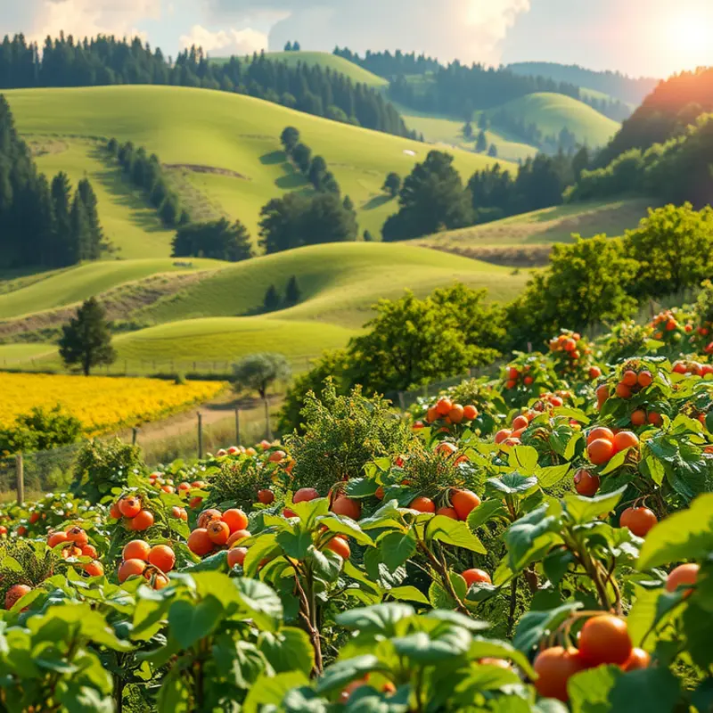 A vibrant sunlit field showcasing organic fruits and vegetables.