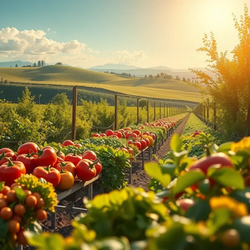 A sunlit field showcasing the abundance of fresh organic produce.