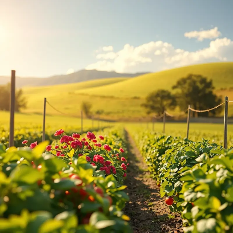 A lush and sunlit landscape featuring vibrant vegetables and fruits, representing the abundance of a vegetarian keto lifestyle.