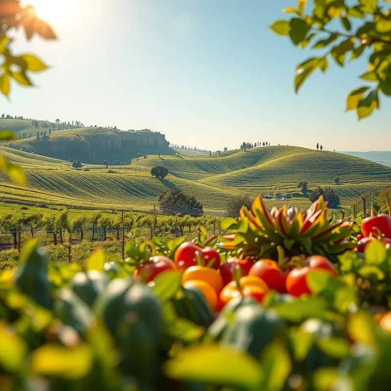 A lush, sunlit field abundant with organic vegetables and fruits.