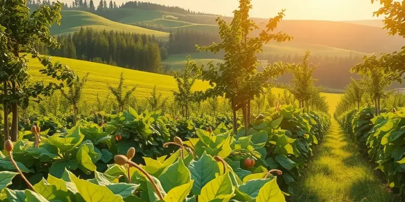 Bright and sunny landscape showcasing an array of vibrant vegetables and fruits growing in a natural setting.