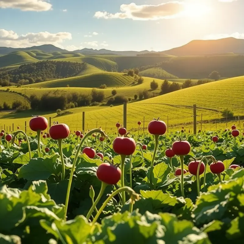 An abundant sunlit field showcasing vibrant organic vegetables and fruits.