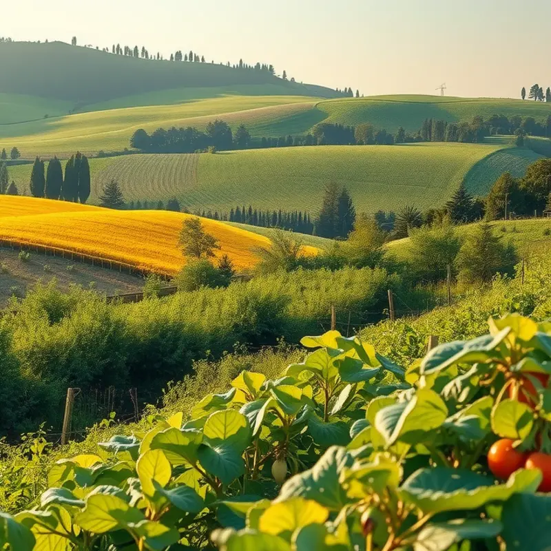 A sunlit field showcasing vibrant vegetables and fruits, symbolizing the natural benefits of olive oil.