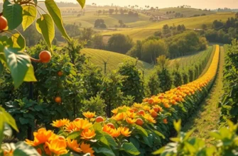 A natural landscape depicting an orchard with vibrant organic produce under warm sunlight.