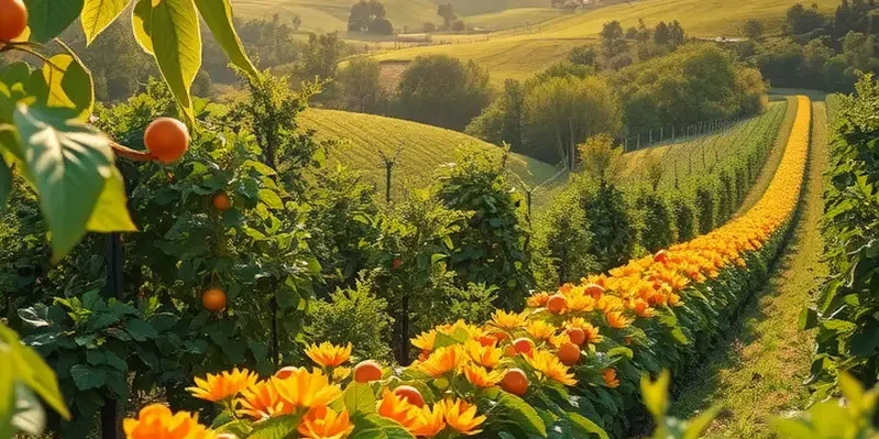 A natural landscape depicting an orchard with vibrant organic produce under warm sunlight.