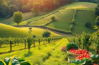 A scenic orchard with colorful fruits and vegetables reflecting a healthy diet.