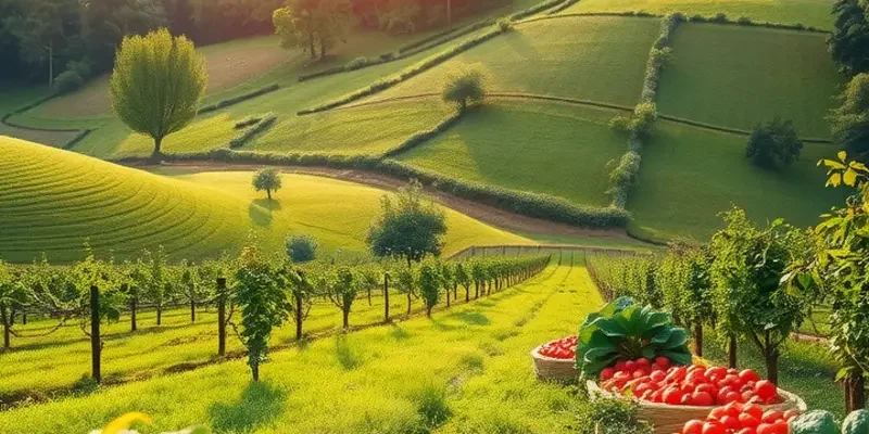 A scenic orchard with colorful fruits and vegetables reflecting a healthy diet.