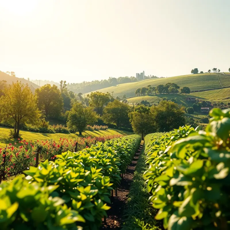 A vibrant orchard thriving under warm sunlight, showcasing the abundance of organic produce.
