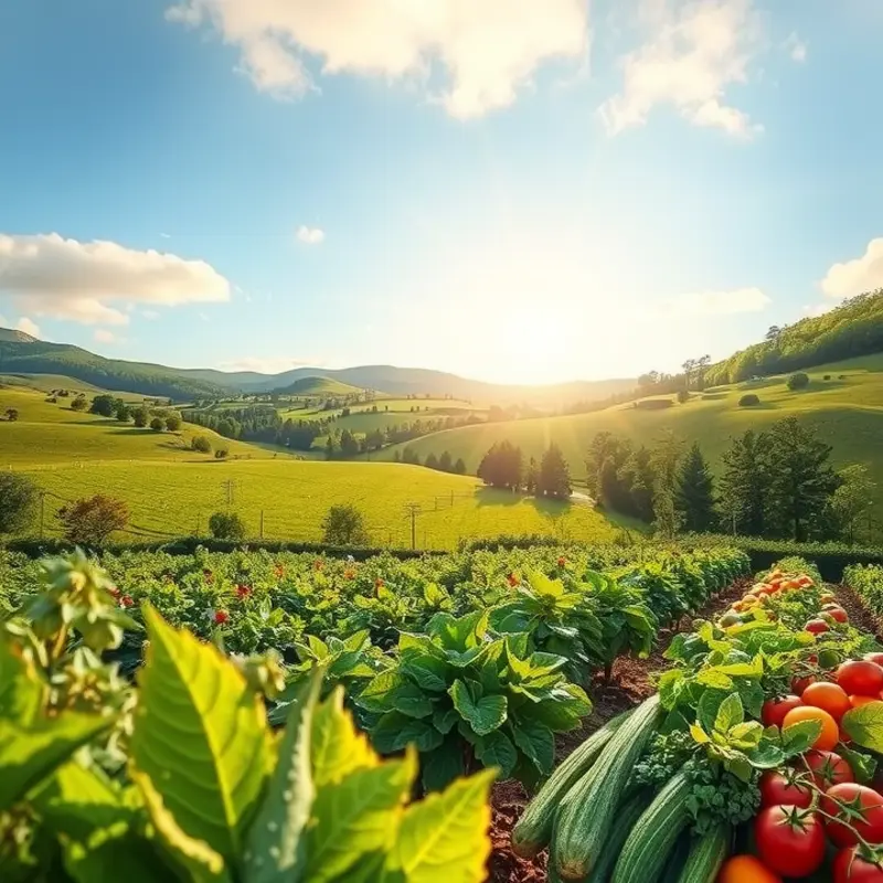 A sunlit orchard showcasing vibrant fruits and vegetables in a natural landscape.