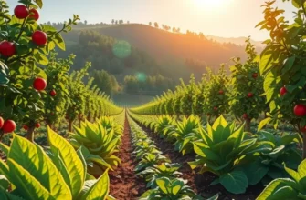 A beautiful landscape showing a harvest of colorful fruits and vegetables thriving in lush sunlight.
