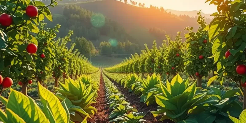 A beautiful landscape showing a harvest of colorful fruits and vegetables thriving in lush sunlight.