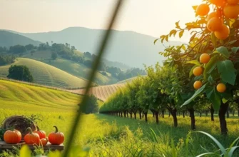 A sunlit field filled with fresh organic vegetables and fruits surrounded by lush greenery.