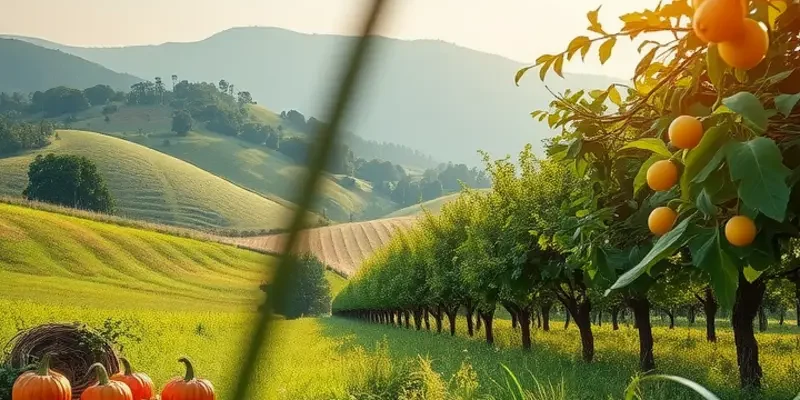 A sunlit field filled with fresh organic vegetables and fruits surrounded by lush greenery.