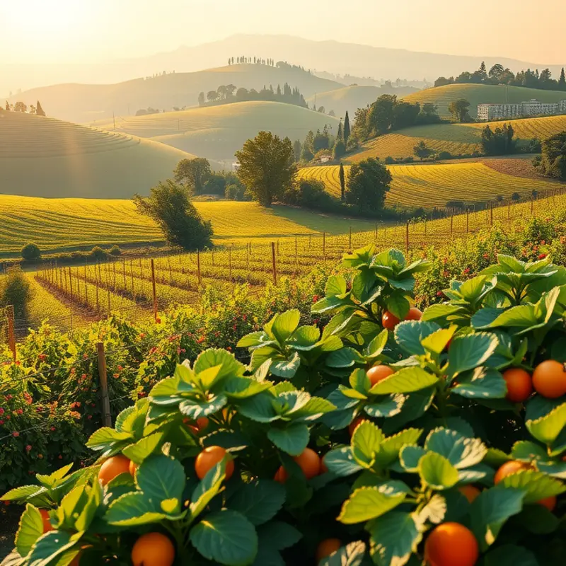 A serene landscape depicting vibrant vegetables and fruits in lush surroundings.