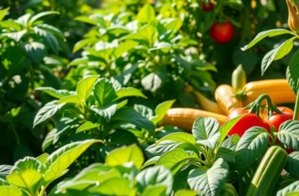 A peaceful sunlit field featuring an abundance of organic fruits and vegetables.