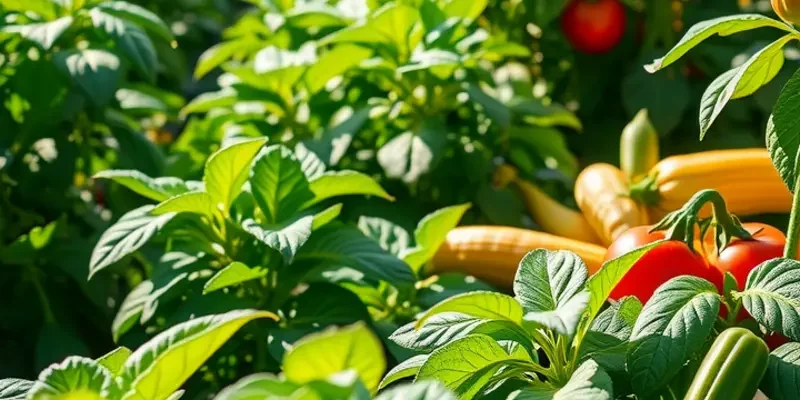 A peaceful sunlit field featuring an abundance of organic fruits and vegetables.