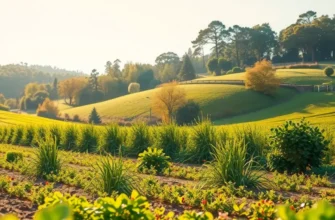 A scenic landscape of a sunlit field filled with organic vegetables and fruits amidst lush greenery.