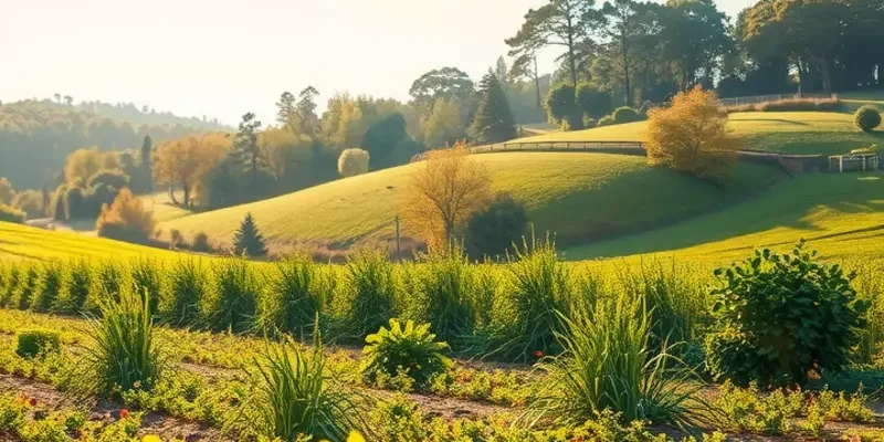 A scenic landscape of a sunlit field filled with organic vegetables and fruits amidst lush greenery.