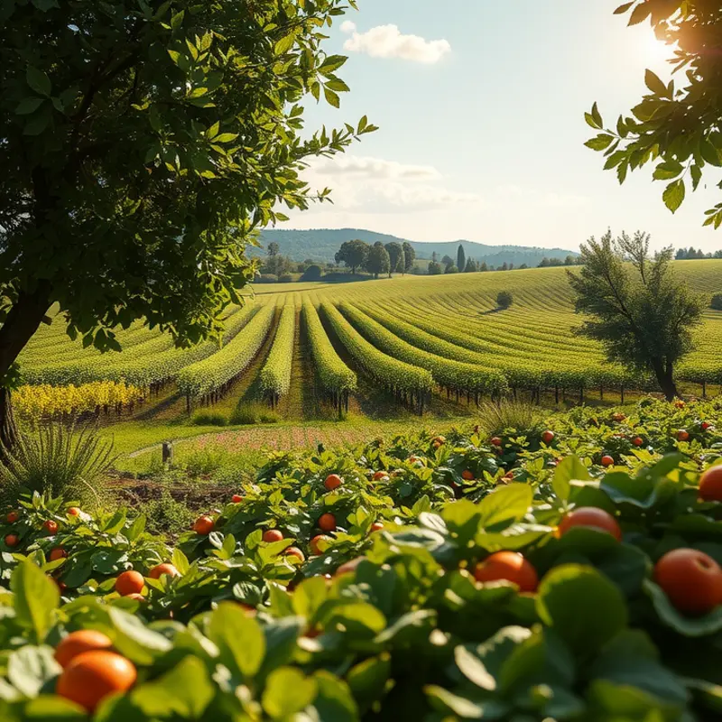 A sunlit garden showcasing vibrant fruits and vegetables growing abundantly in nature.